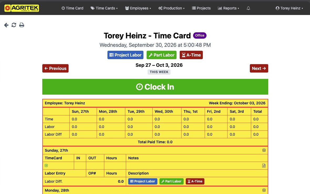 A time card in Agritek's LaborTracker: Clock In, the week's hours, and project and part labor