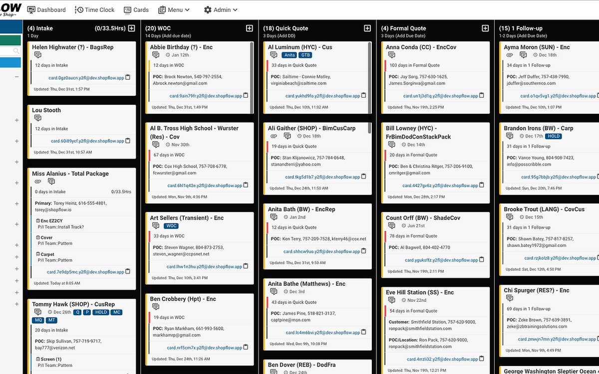The ShopFlow job board, one column per stage
